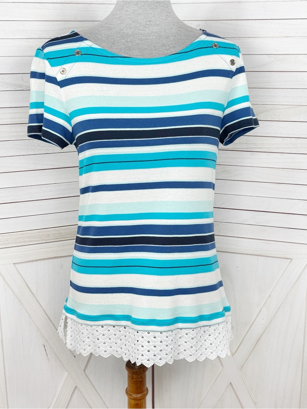Tommy Hilfiger Striped Tiered Eyelet Lace Scallop Tee Shirt Teal Blue Small